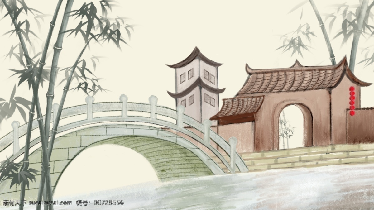 原创 中国 风 清新 简约 插画 古代建筑 风景 中国风 水墨竹子 风景插画 古风插画 拱桥 手绘桥