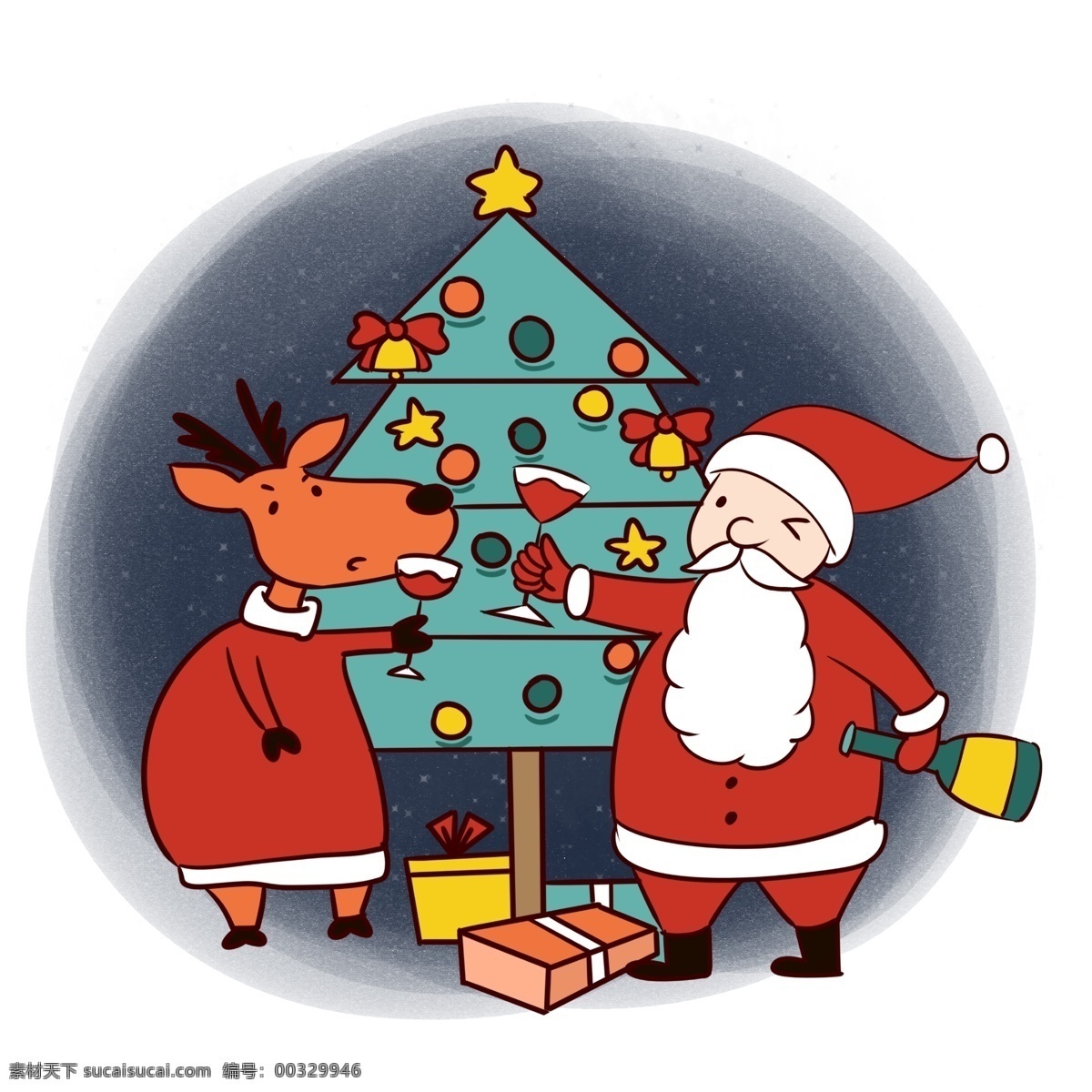 手绘 卡通 可爱 圣诞节 圣诞老人 麋鹿 矢量 免抠 圣诞快乐 礼物 圣诞树 铃铛 夜晚 圣诞夜