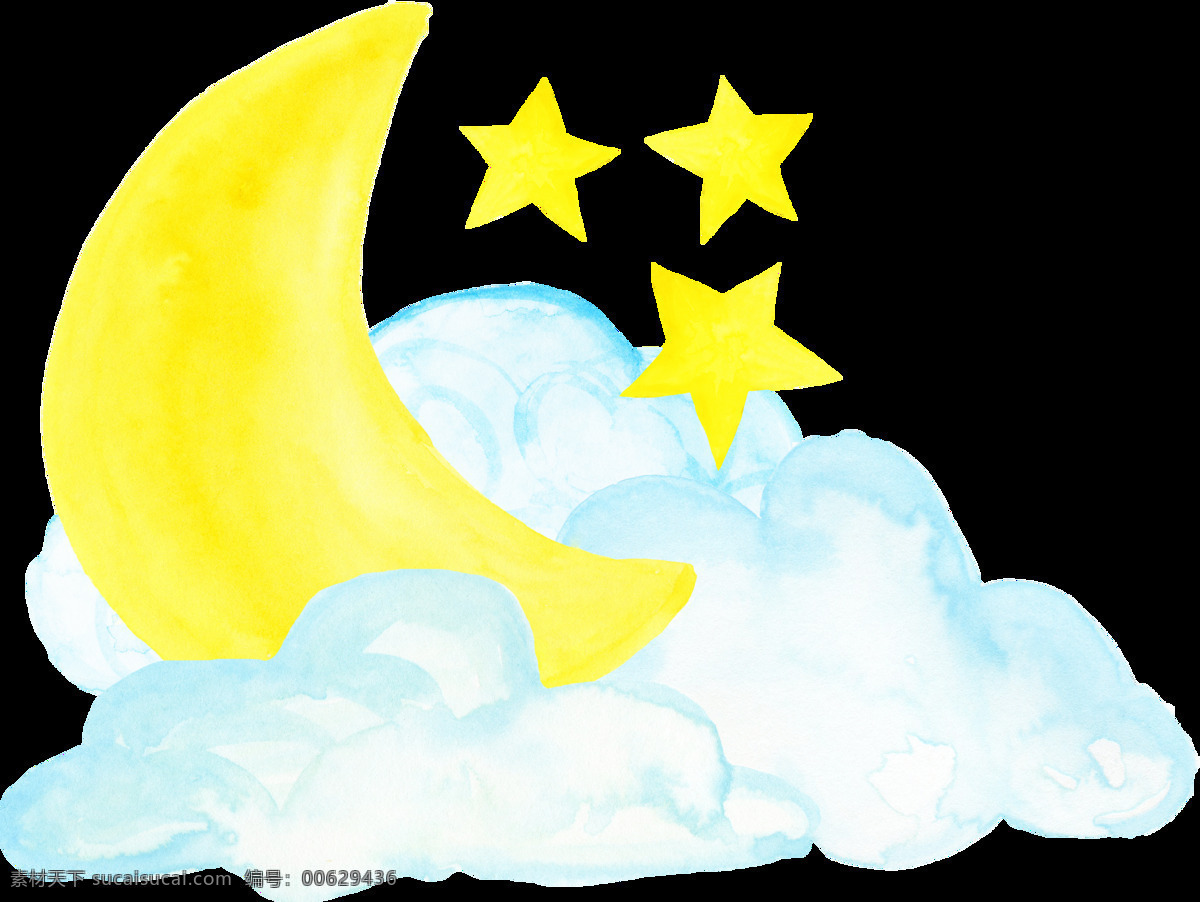 手绘 藏 云朵 中 月亮 透明 白云 黄色 卡通 免扣素材 水彩 透明素材 星星 装饰图案