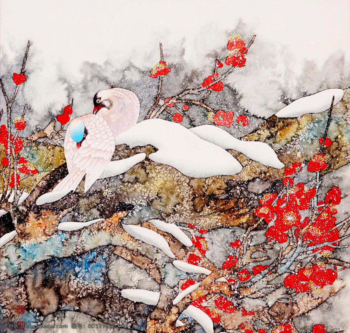 白雪 彩墨画 国画 国画艺术 红梅 花鸟画 花香 绘画书法 飞雪迎春 美术 工笔重彩画 梅花 怒放 鲜艳 飘雪 白鸟儿 雪花 书法 印章 花鸟国画专辑 文化艺术 家居装饰素材 雕刻 图案