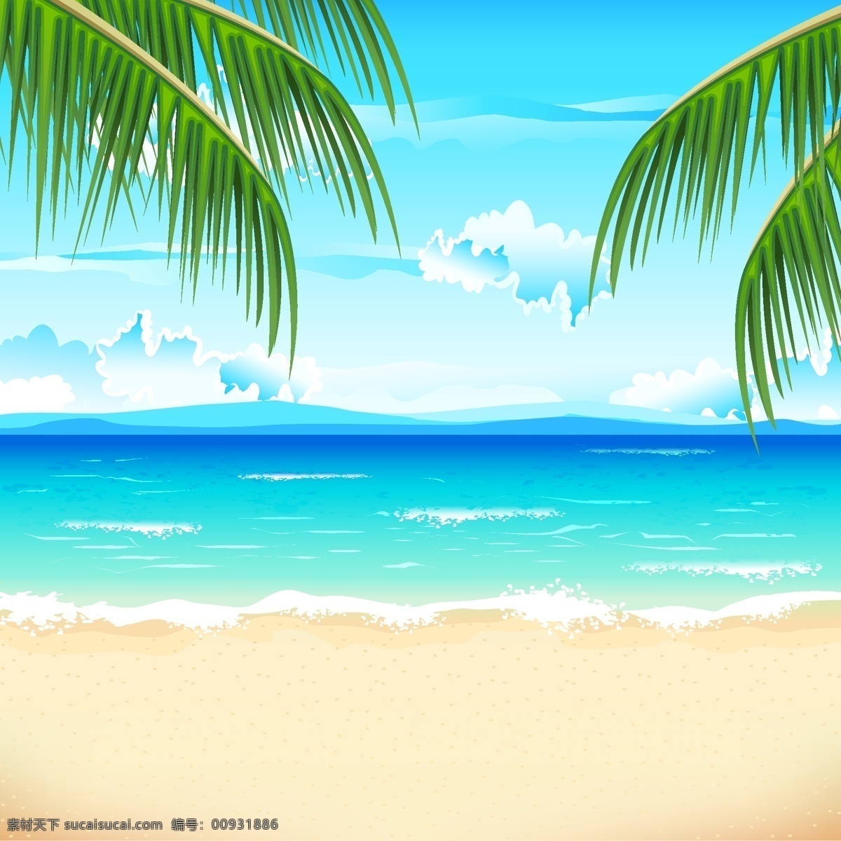 蓝天 白云 海洋 风景 海滩 沙滩 椰子树 风光 卡通 手绘 背景 底纹 矢量 自然风景 主题 自然景观