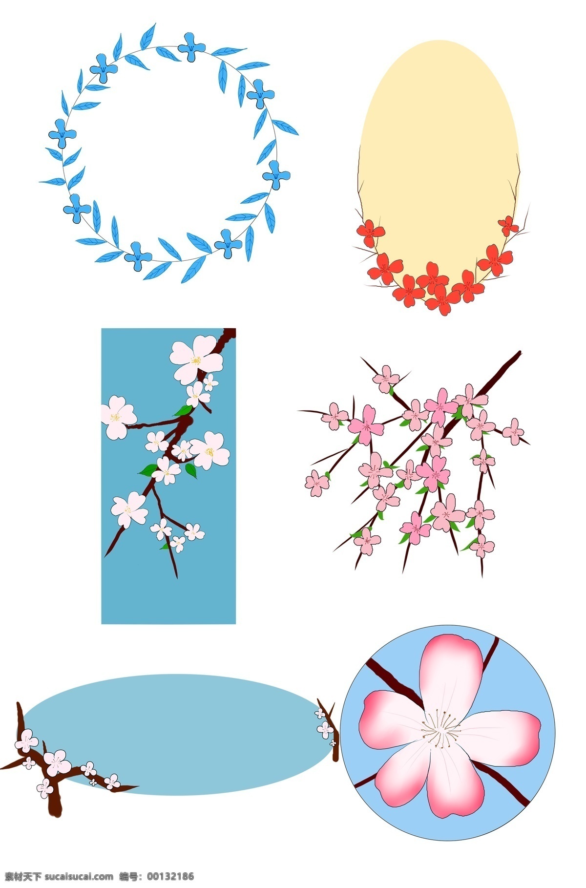 春日 花开 海棠花 插画 蓝色 花环 开 满 树枝 粉色 标题 框 红色 边框 开花 朵