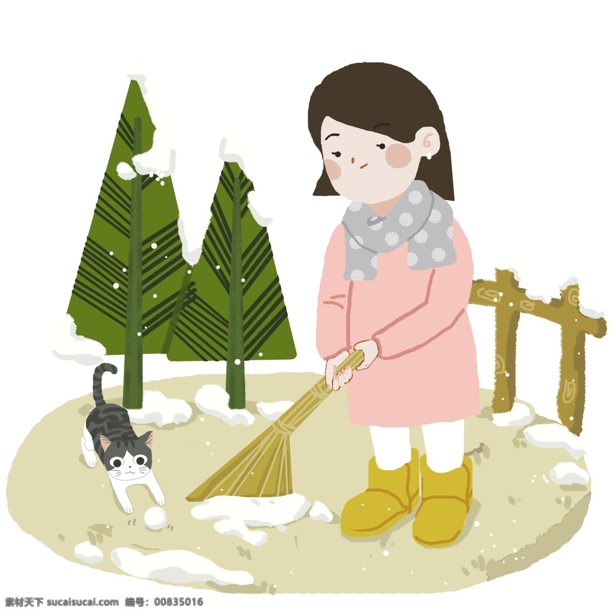 女孩 院子 里 扫雪 图 冬天 松树 猫咪 围巾 雪 积雪 打扫 玩雪 玩耍 手绘 有趣 雪球 小寒