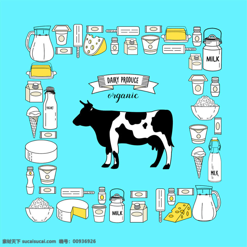 卡通 奶牛 背景 边框 矢量素材 卡通动物 牛奶 方形插画 卡通插画 乳制品 米饭 商业插画