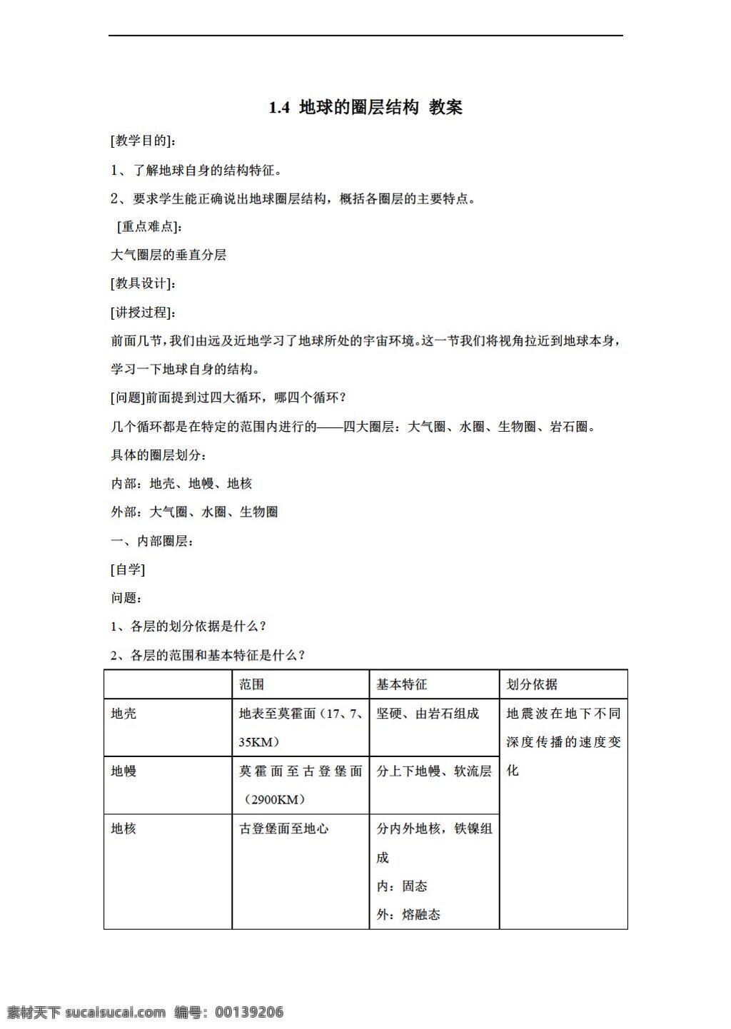 地理 人教 版 地球 圈层 结构 教案 人教版 必修1