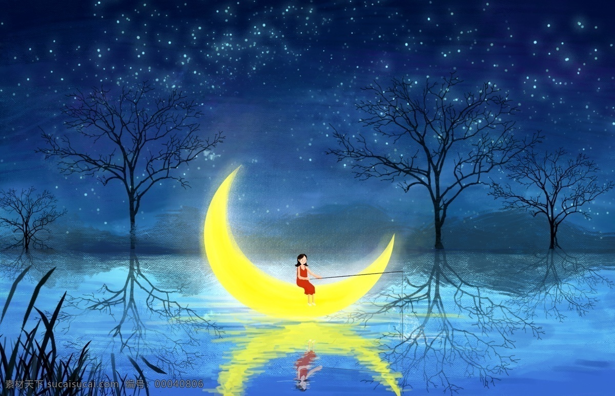 坐在 月亮 船上 小女孩 夜晚 女孩 静谧 温馨 月光 月亮船 分层