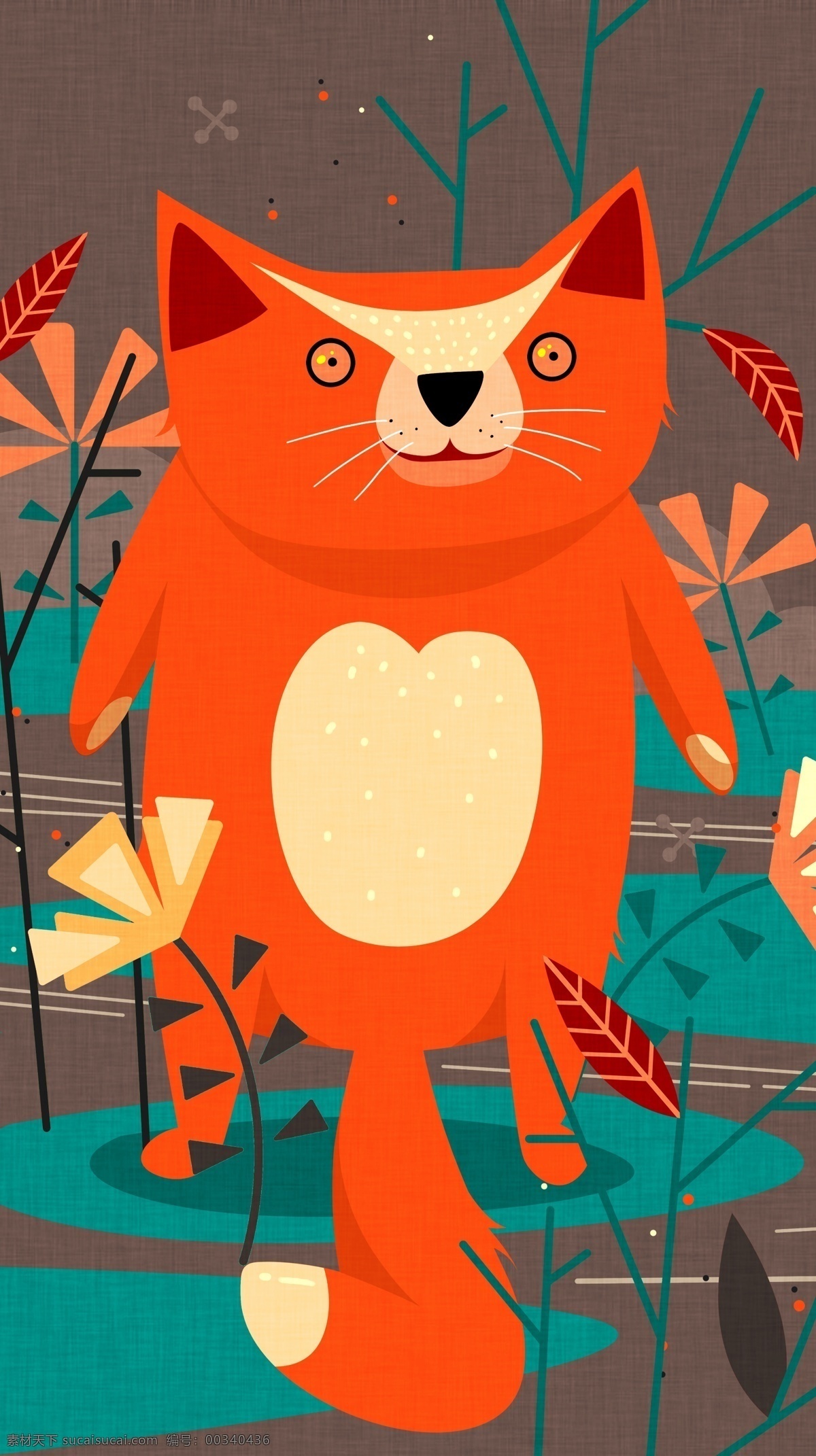 红色 小 狐狸 自然 印记 趋势 插画 植物 草地 高清图 花 简洁画面 tif格式