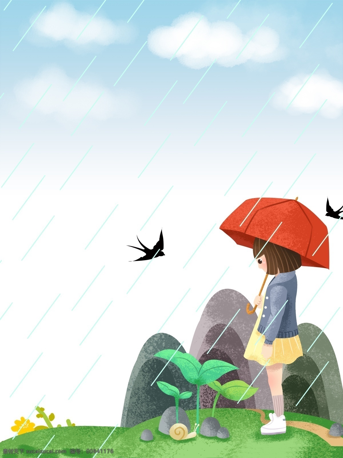 谷雨 打伞 小女孩 背景 打伞的小女孩 春季 春天 燕子 手绘山 植物 节所