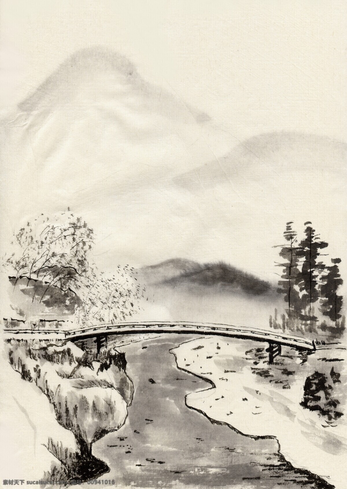 小桥流水 风景画 古色古香 流水 桥 山水 水墨画 文化艺术 中国风