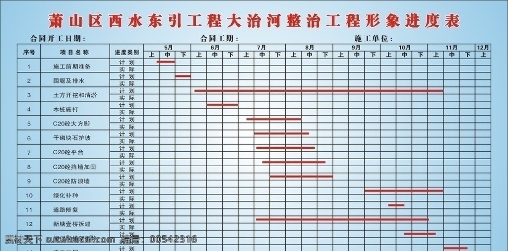 河道 整治 治理 工程 进度表 施工进度表 进度 一览表 矢量表格 展板模板 矢量