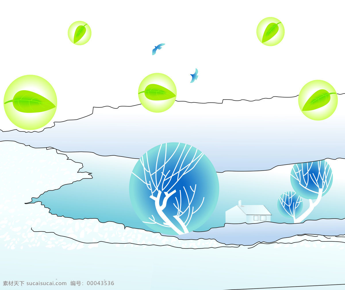 卡通 雪地 绿叶 移门 白色 白色背景 冬季 冬天 房子 飞鸟 鸟 泡泡 k0808 树 叶子 索亚卡23 移门大全23 家居装饰素材