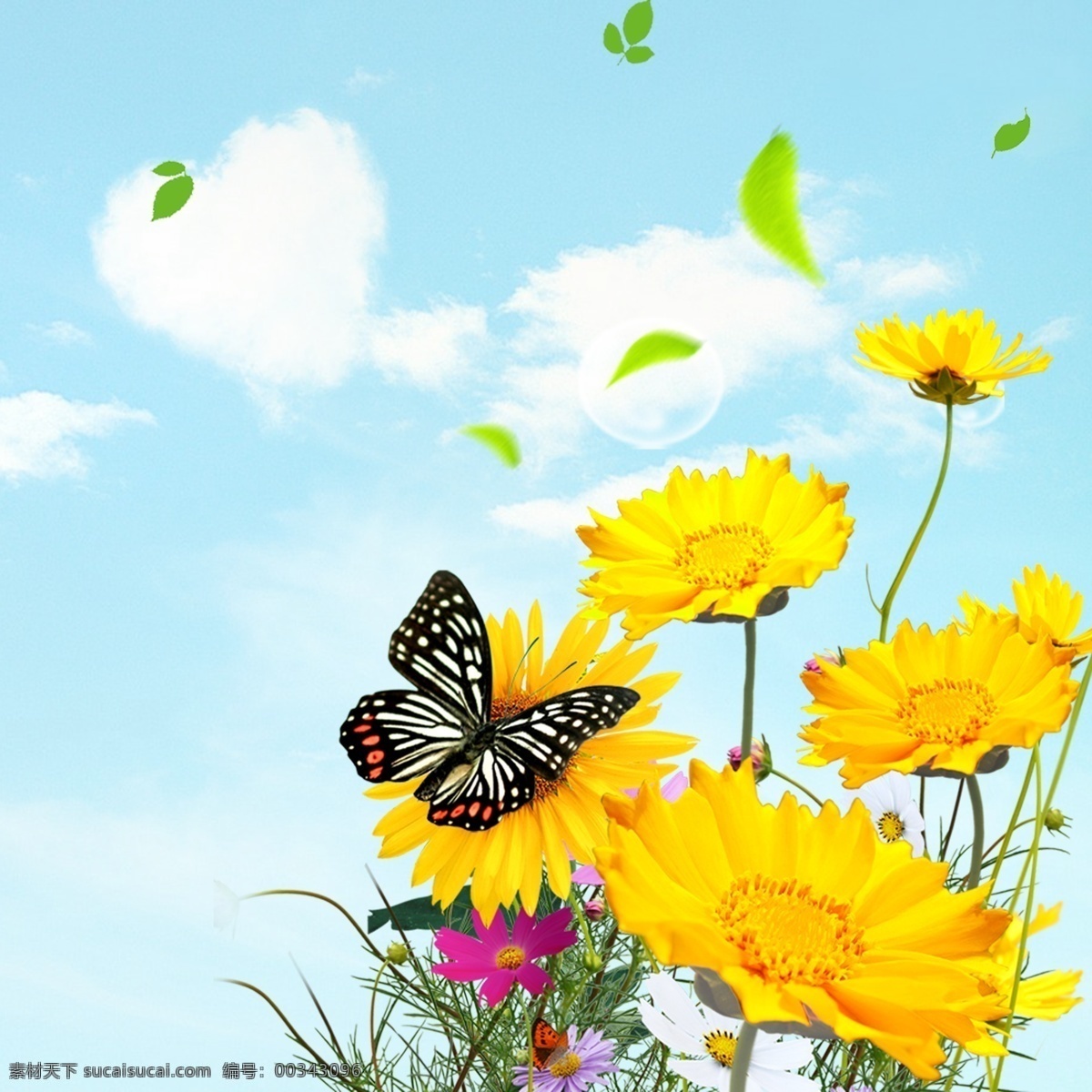白云 蓝天 爱心 花朵 蝴蝶 花苞 青草 花瓣 飘落的花瓣 广告素材 广告元素 黄色花朵