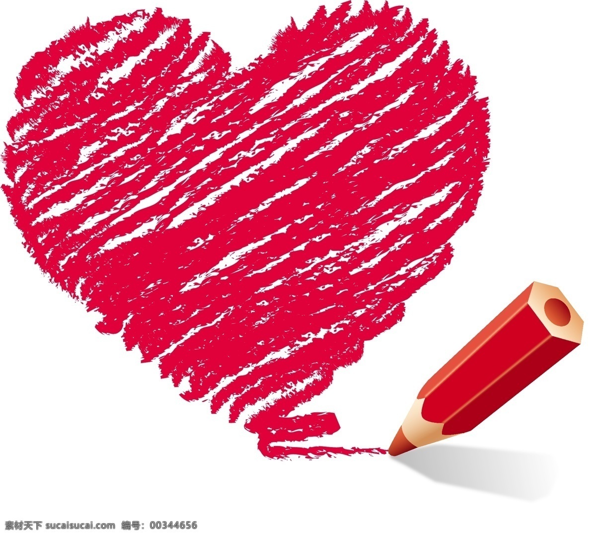红色 手绘 爱心 彩色 铅笔 矢量 白色