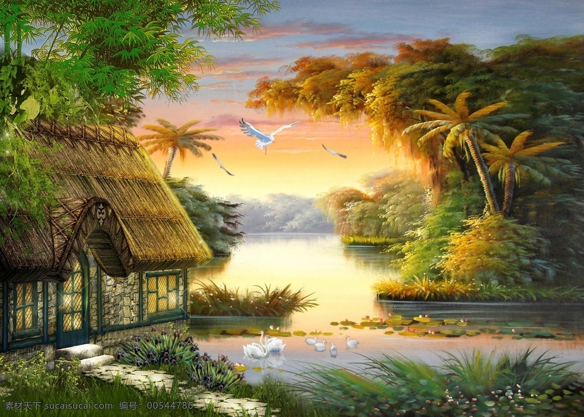 分层 草地 大树 大雁 鹅 房子 风景 风景画 油画 模板下载 油画风景 油画山水 风景油画 流水 河流 茅屋 鸭子 海鸥 椰子树 竹子 台阶 鲜花 兰花 荷花 绿草 霞光 天空 云彩 奇山异水 世外桃园 人间仙境 源文件 装饰素材