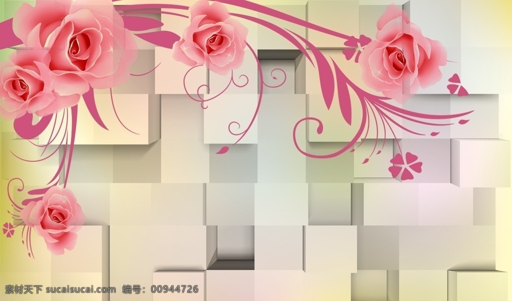 3d 粉红色 玫瑰 立体 方块 彩雕 花卉 简约 浪漫 温馨 分层 电视背景墙 装饰画 背景墙系列