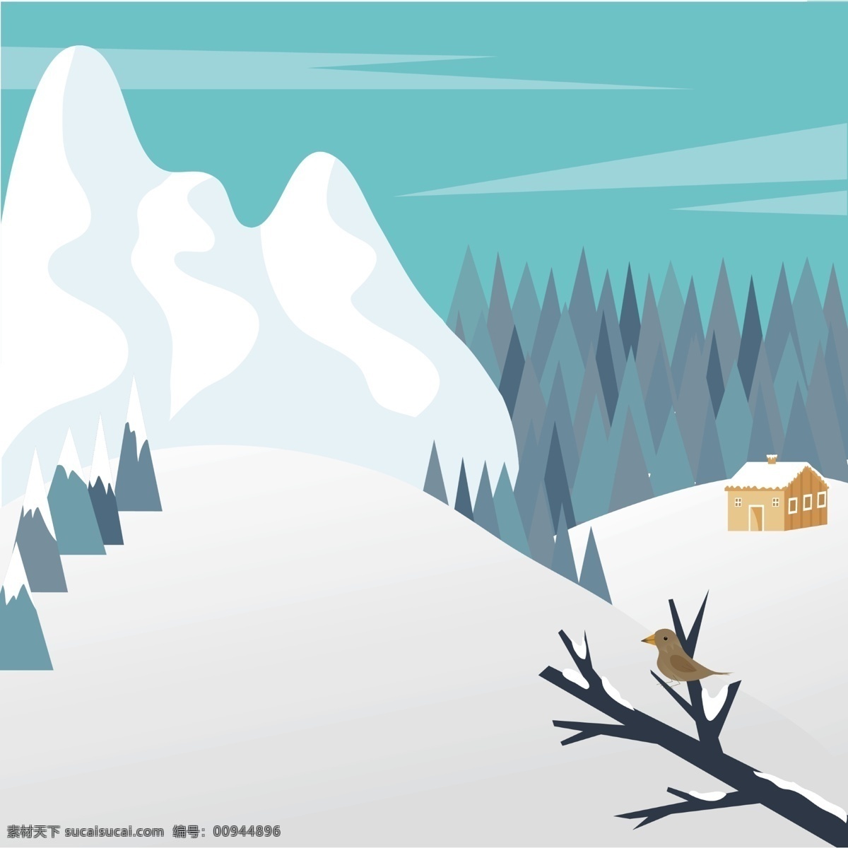 矢量图 蓝色 冬天 森林 背景 树 树枝 黄色 新 雪 山 房子