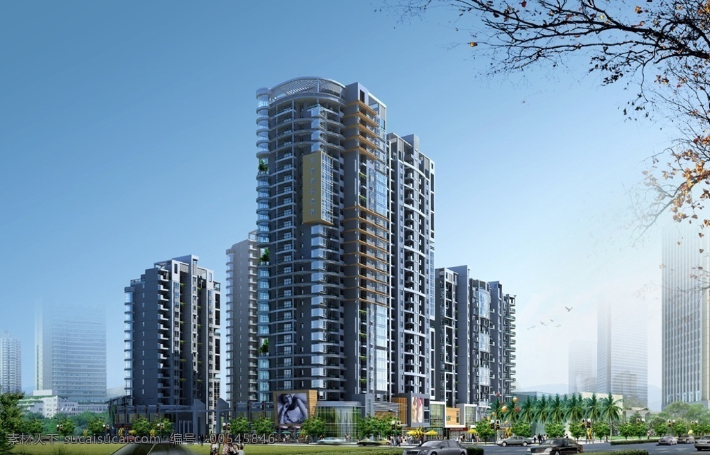 沿街 商住楼 透视图 效果图 室外效果图 建筑 街景 室外 分层 景观 高层 源文件 建筑设计 环境设计