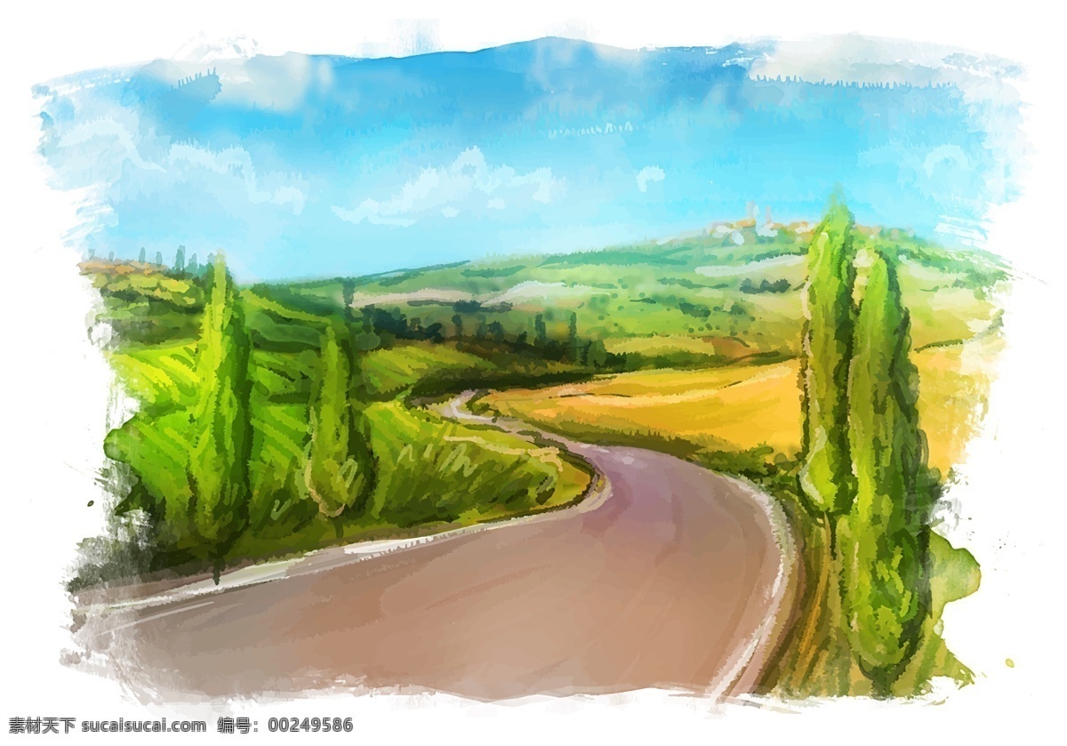 水彩 绘 乡村 小路 插画 风景 唯美 大自然 水彩绘 小树