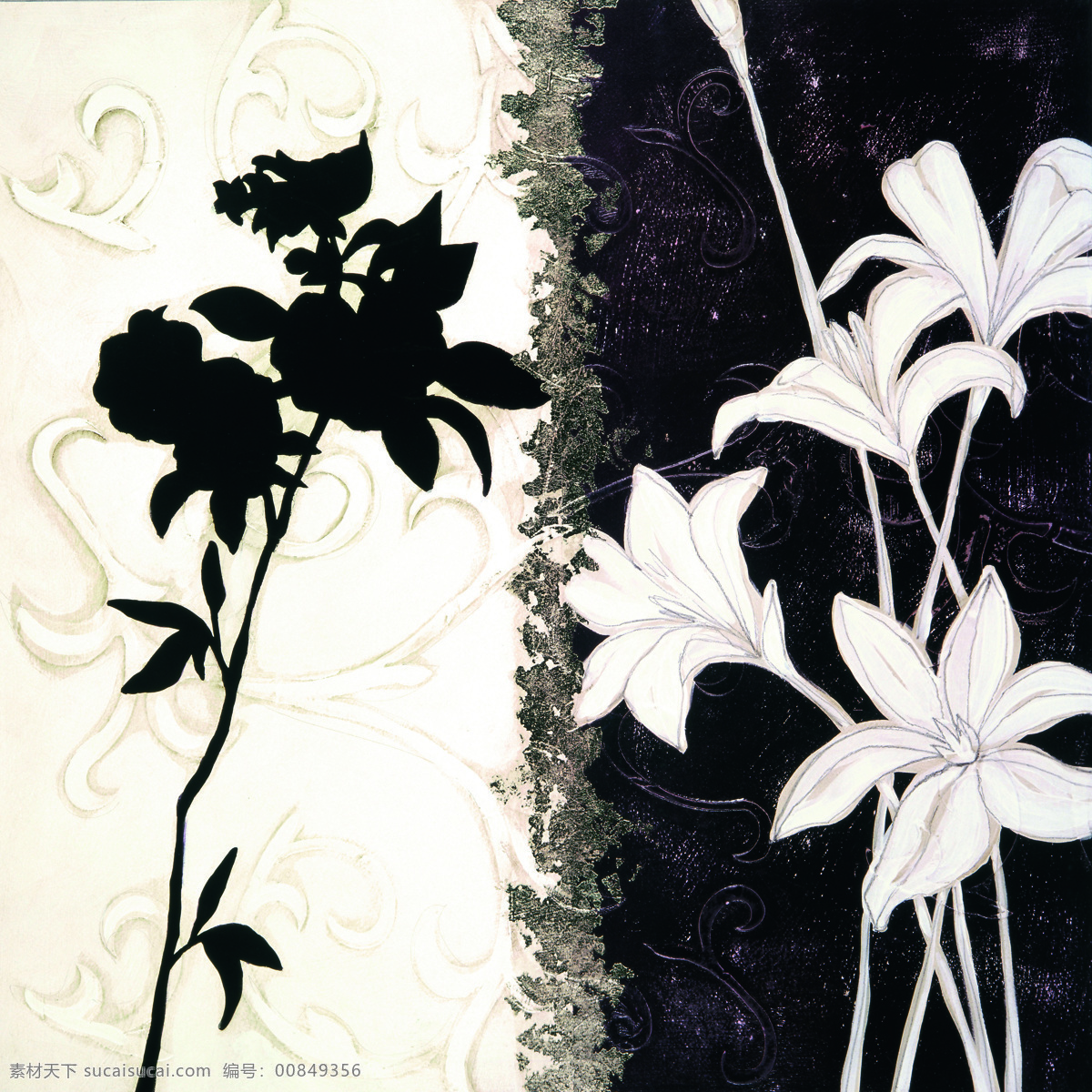 黑白 艺术 花朵 壁画 装饰画 白色