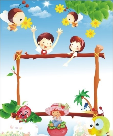 幼儿园 公告栏 背景 卡通小蜜蜂 黄花 树叶 绿叶 苹果 卡通苹果人 白云 光 光芒 太阳 卡通 小 男孩 举起 手 小女孩 指 椰树 木框 卡通木框 草莓 戴帽子 休闲娱乐 生活百科 矢量