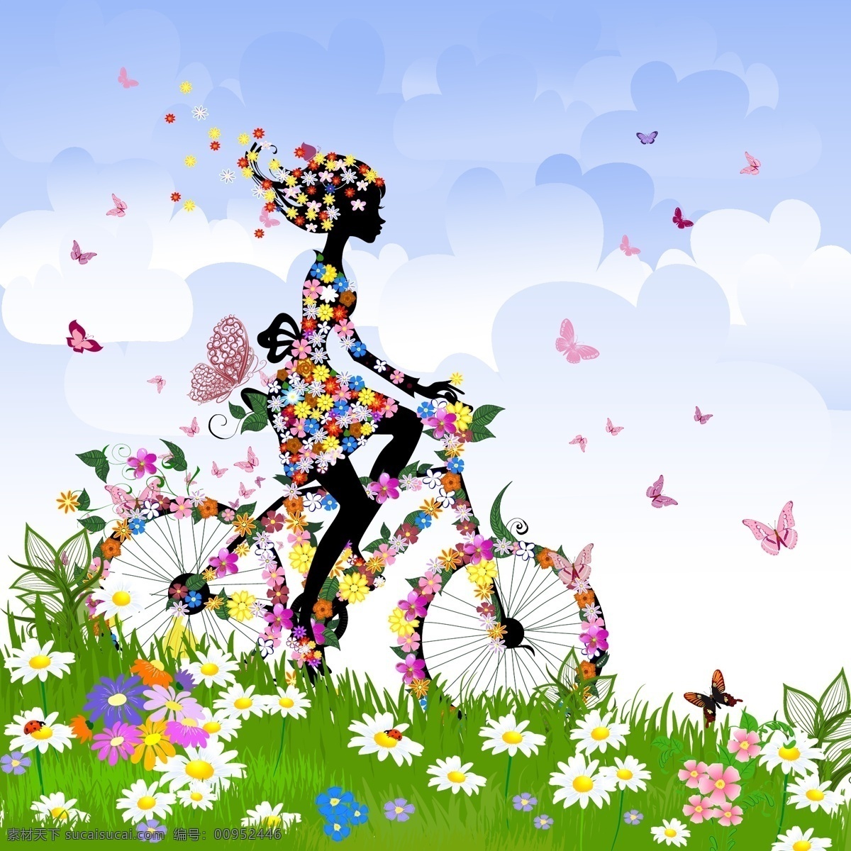 矢量 自行车 人物 蝴蝶 花草 天空 白云 矢量自行车 蝴蝶组成人 矢量图 矢量人物