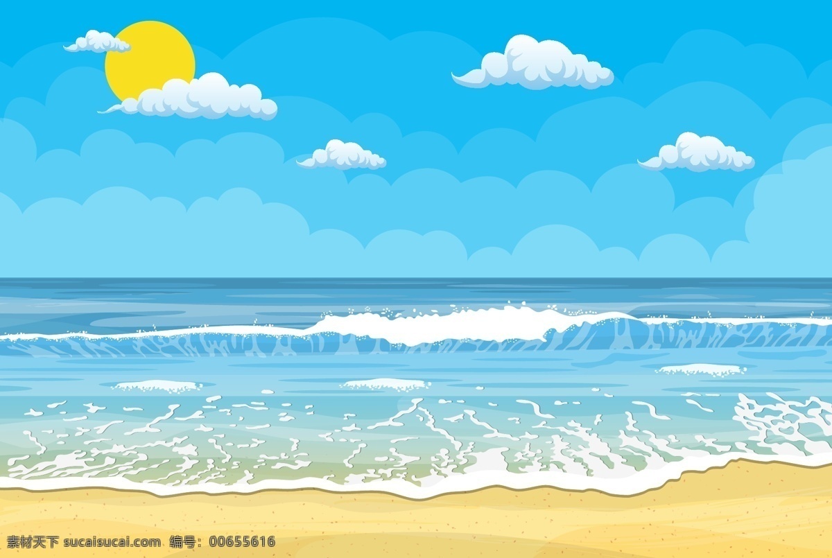 夏天 大海 风景 插画 蓝天 沙滩 白云 太阳