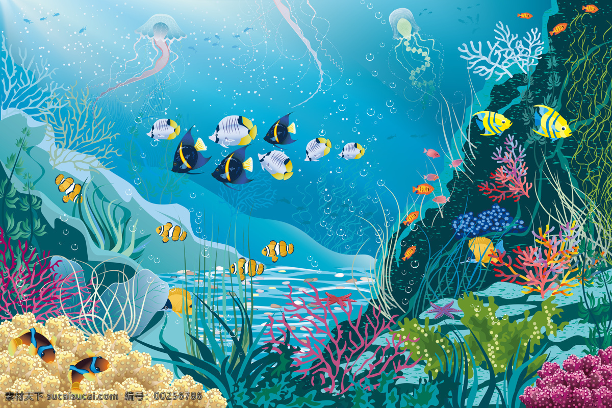 大海 卡通画 海底世界 鱼儿 水草 气泡 设计之家 动漫动画 风景漫画