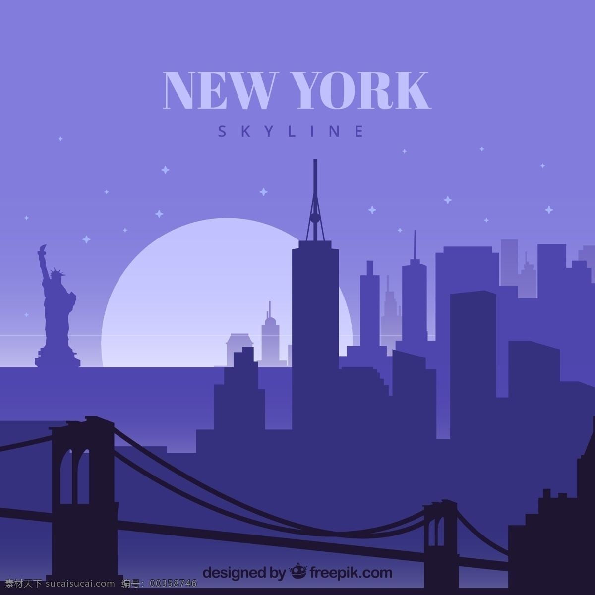 创意 纽约 日落 风景 剪影 矢量 布鲁克林大桥 纽约东河 布鲁克林区 曼哈顿岛 月亮 自由女神像 城市 楼房 楼群 动漫动画 风景漫画