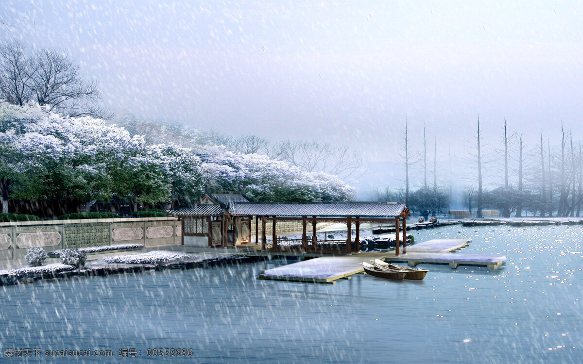 雪 中 湖边 冬天 湖水 码头 雾凇 栈桥 风景 生活 旅游餐饮