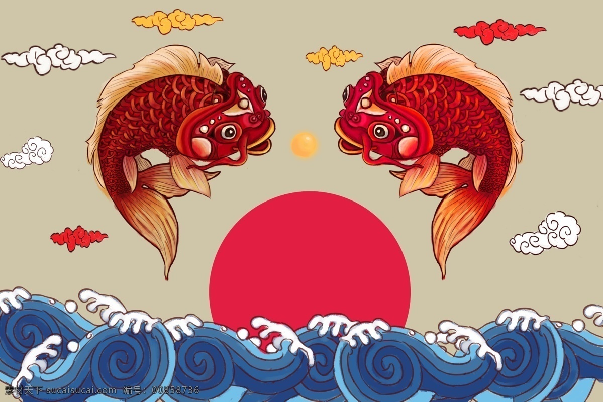 锦鲤 浮世绘 传统 复古 背景 海报 素材图片 古风背景