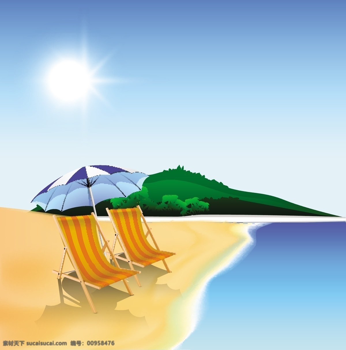 夏天 晚上 背景 海边 沙滩椅 雨伞 矢量图 商务金融