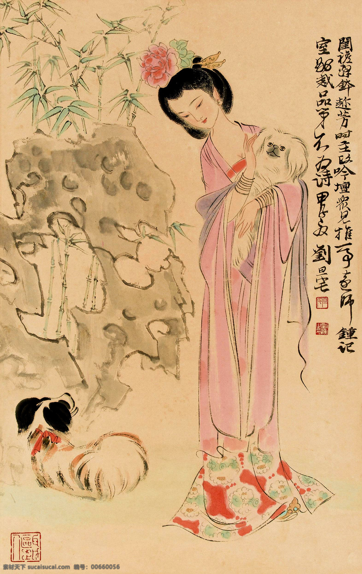 嬉戏 国画 美女 女人 女性 女子 仕女 头饰 长裙 飘带 山竹 花卉 植物 假山 山石 小狗 动物 古典 古装 人物画 线描 工笔 字画 中国画 水墨画 彩墨画 装饰 民族风 中国元素 重彩画 绘画书法 文化艺术