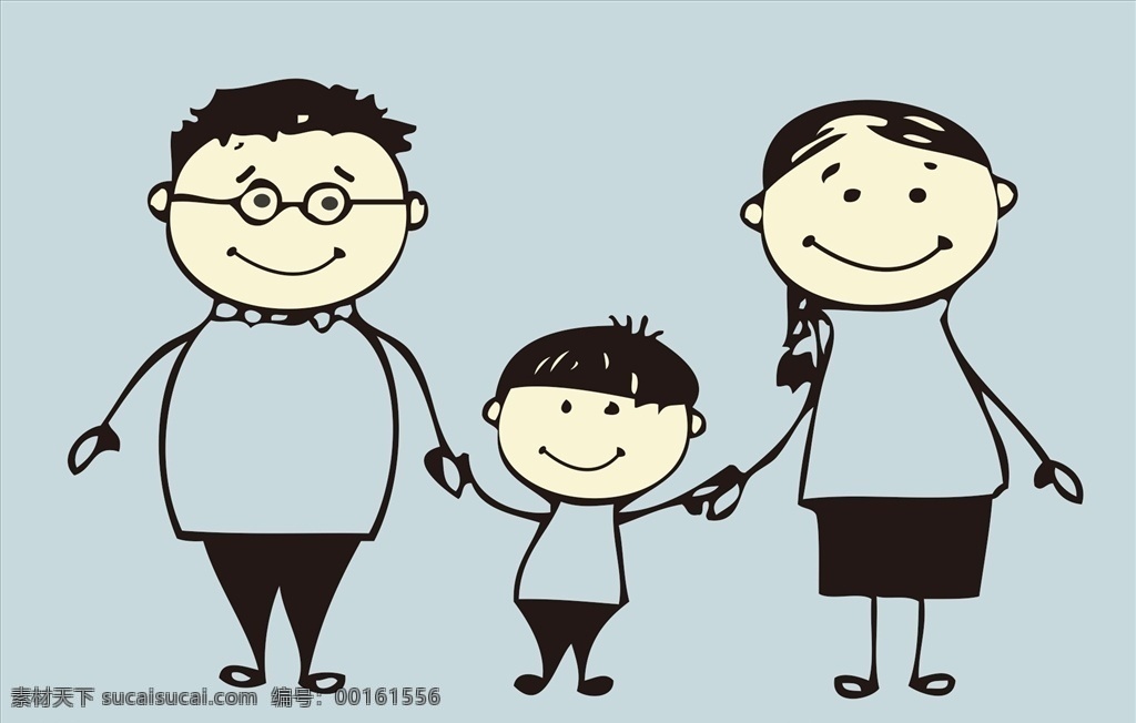 手绘三口之家 手绘 一家人 手拉手 卡通 温馨的一家人 动漫动画