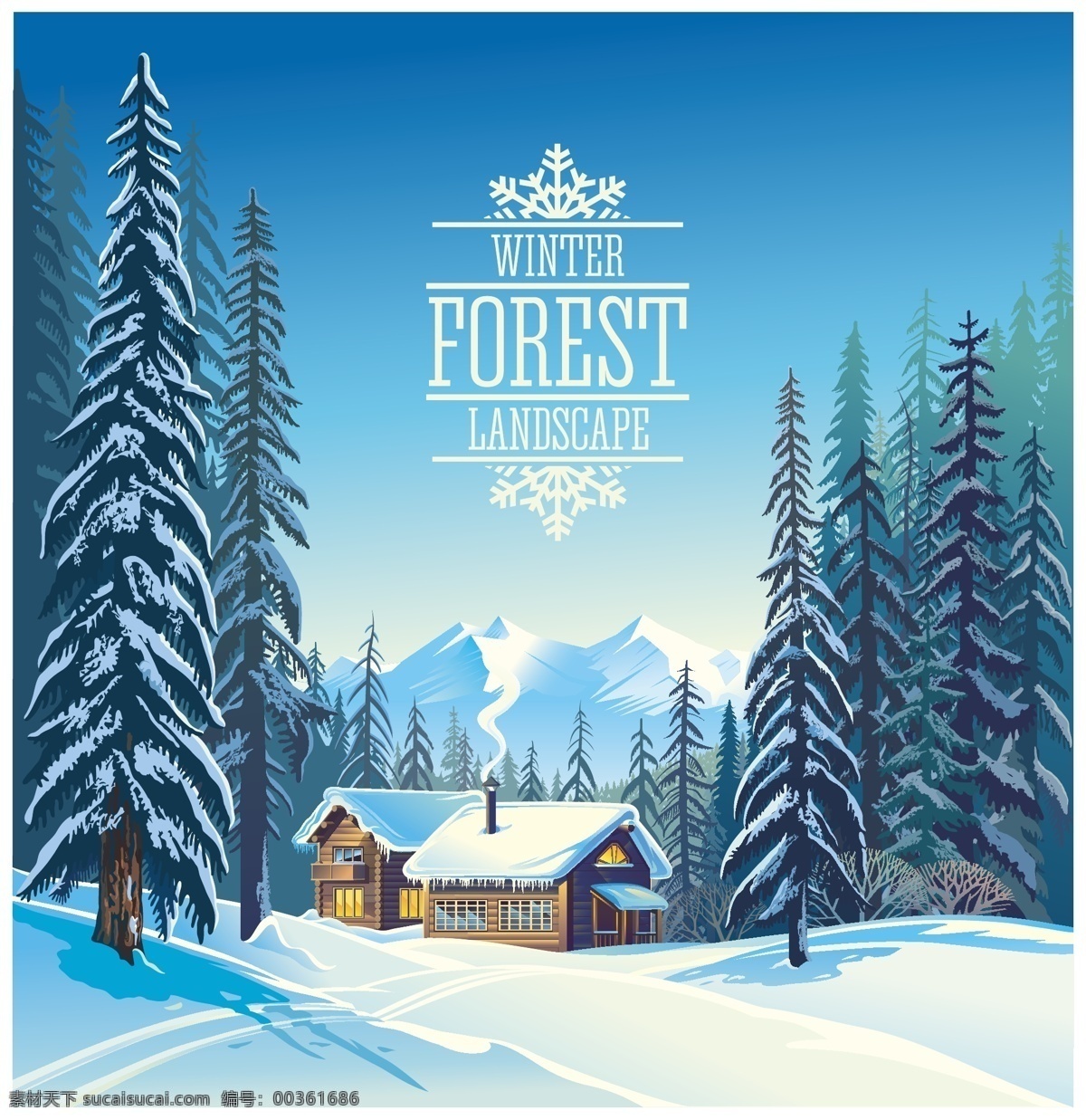 冬天 森林 里 小 木屋 插画 风景 建筑 蓝天 大树 小木屋