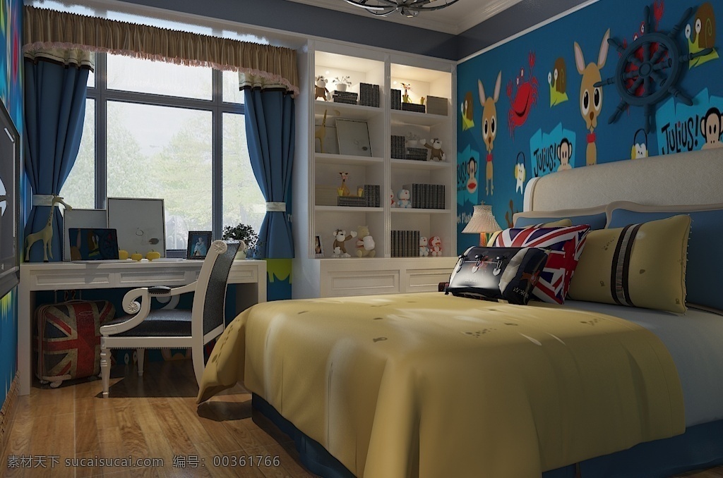 欧式 田园 儿童 房 装修 效果图 卧室 木地板 窗帘 儿童房 书桌 书架 欧美风