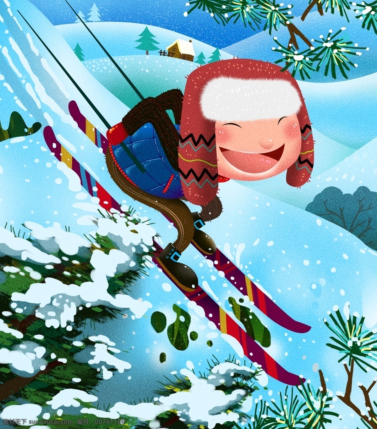 冬季 欢乐 场景 向前 小 男孩 psd格式 雪地 滑雪场地 滑雪 运动 松树 人家 高清 原创 手绘 插画