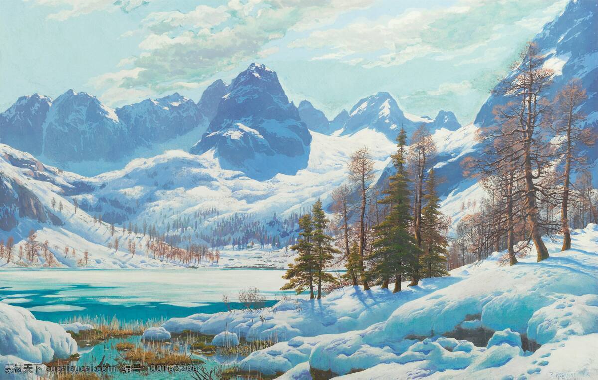 冬日 山林 雪白一片 枯树 小河 远山 19世纪油画 油画 文化艺术 绘画书法