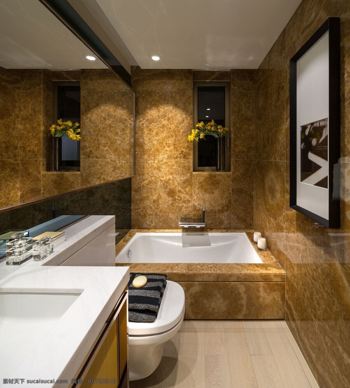 现代 土黄色 瓷砖 背景 墙 卫生间 室内装修 效果图 浅色地板 瓷砖背景墙 土黄色背景墙 白色洗手台 金色柜子