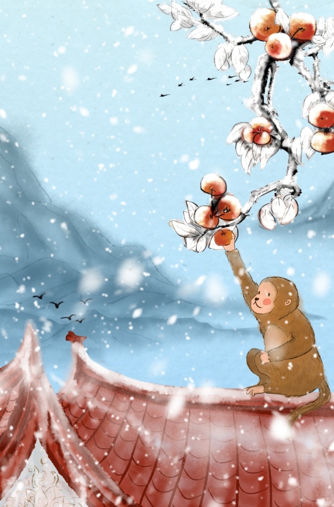 冬季 猴子 摘 柿子 背景 海报 素材图片 摘柿子 插画 清新 类