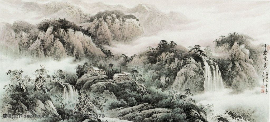 锦绣山河 山水画 国画山水 山水风景 山水 瀑布 流云 水墨画 水墨山水 国画 大好河山 飞瀑 文化艺术 绘画书法