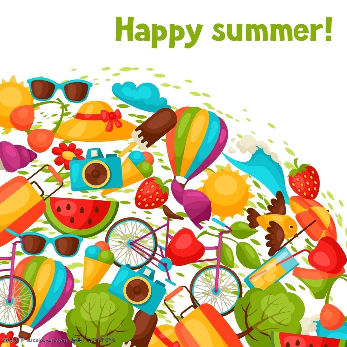 卡通 元素 夏日 多彩 矢量 背景 西瓜 树木 热气球 半圆 度假 绿叶 小清新 填充 插画 海报 广告 包装 印刷 夏天