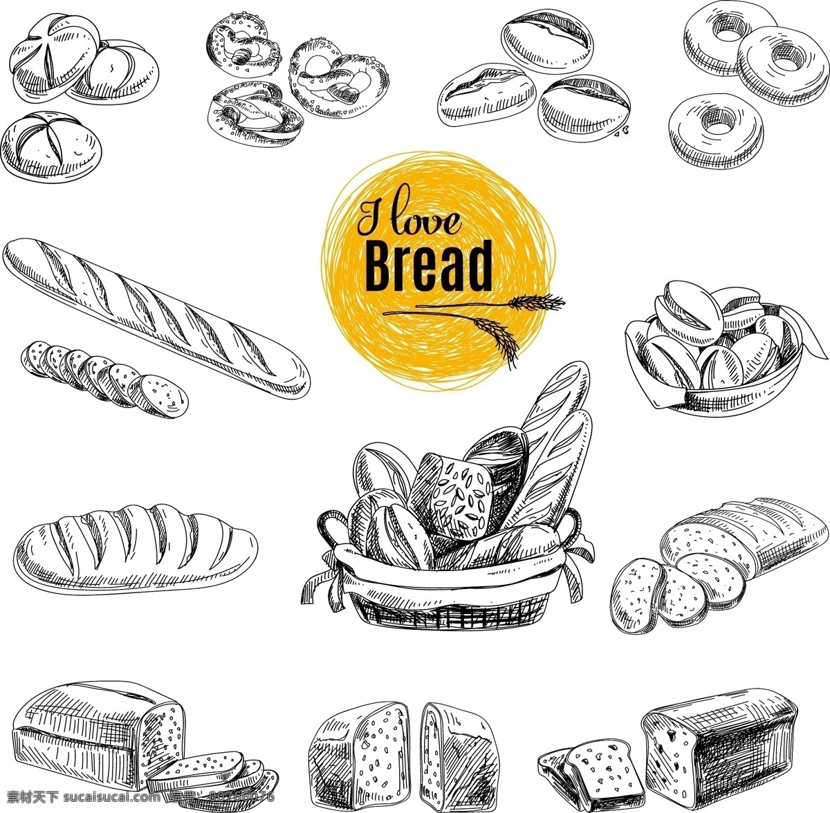 面包 麦穗 小麦 面包店 西餐美食 矢量 生活百科 餐饮美食 白色