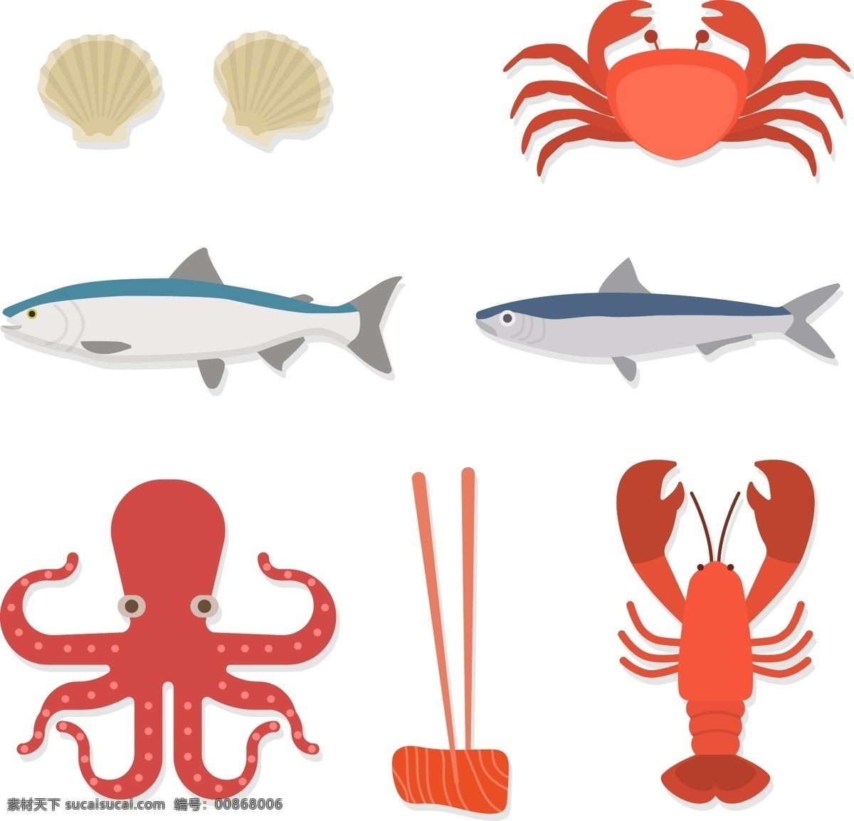 矢量 扁平 海洋生物 贝壳 扁平化 龙虾 螃蟹 矢量食物 矢量素材 手绘 手绘插画 手绘食物 鱼 章鱼