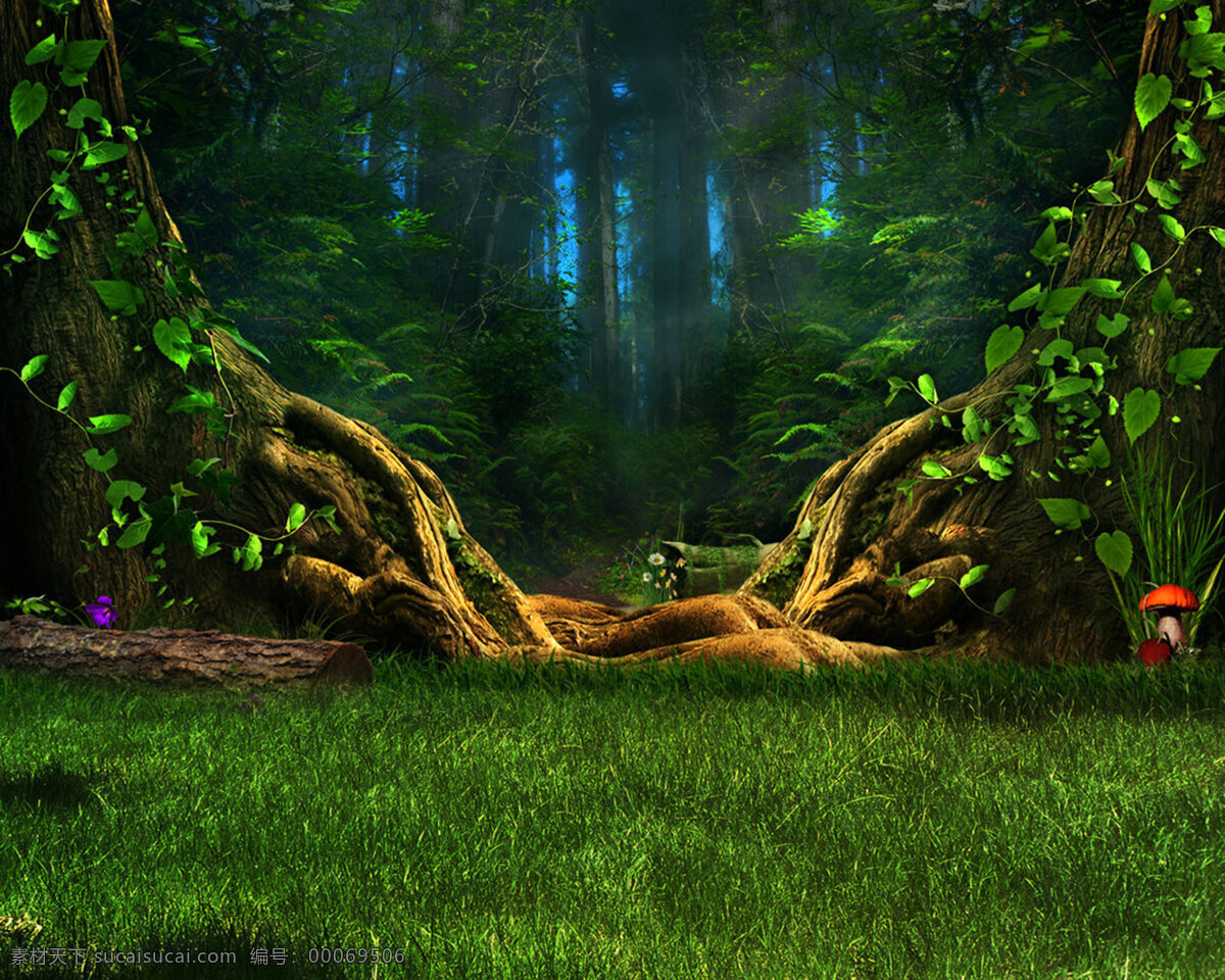 绿色森林 桌面 装饰 无框画 背景 手绘 渲染 森林 树林 绿色 梦幻科幻 自然景观