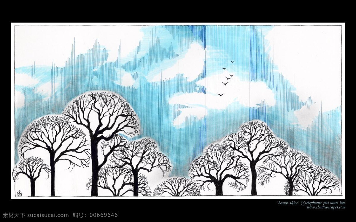 雪松 飘雪 雪花 白雪 雪景 风景漫画 动漫动画