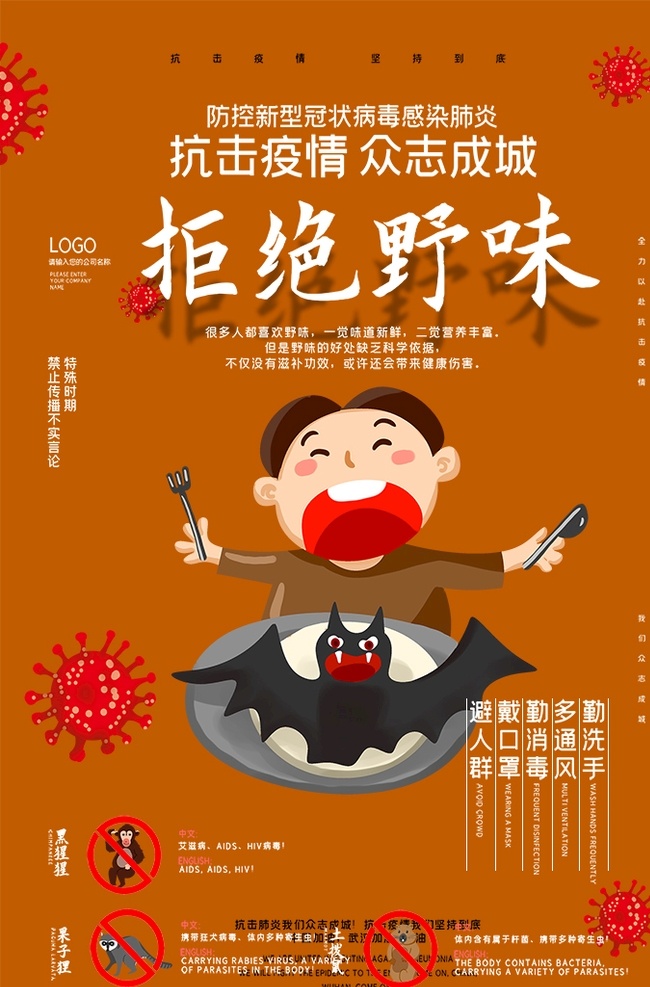 拒绝野味 新冠肺炎 肺炎 新型冠状病毒 病毒 新型 冠状 2019ncov 武汉 抗疫 抗疫情 医生 医院 病人 白衣天使 野生 野味 动物 卫生 健康 医疗 海报 宣传