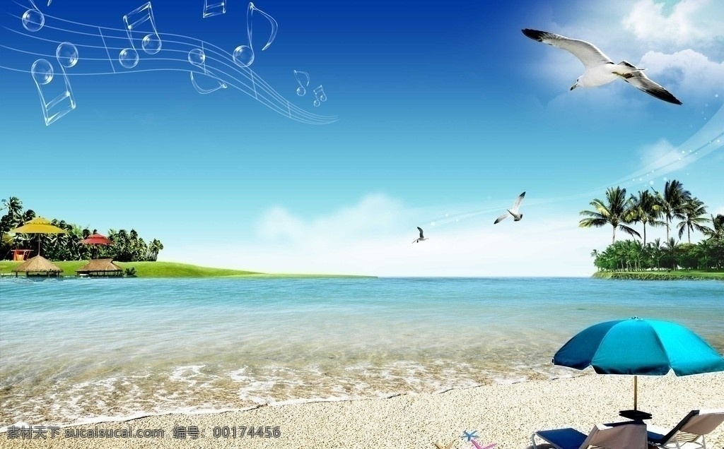 清凉夏日 海边风景 椰林 海鸥 沙摊椅 太阳伞 海水 沙摊 音乐符号 风景 分层 源文件