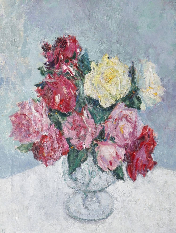 静物花卉 玫瑰 玻璃花瓶 白色桌子 青色墙纸 印象画派 20世纪油画 油画 文化艺术 绘画书法