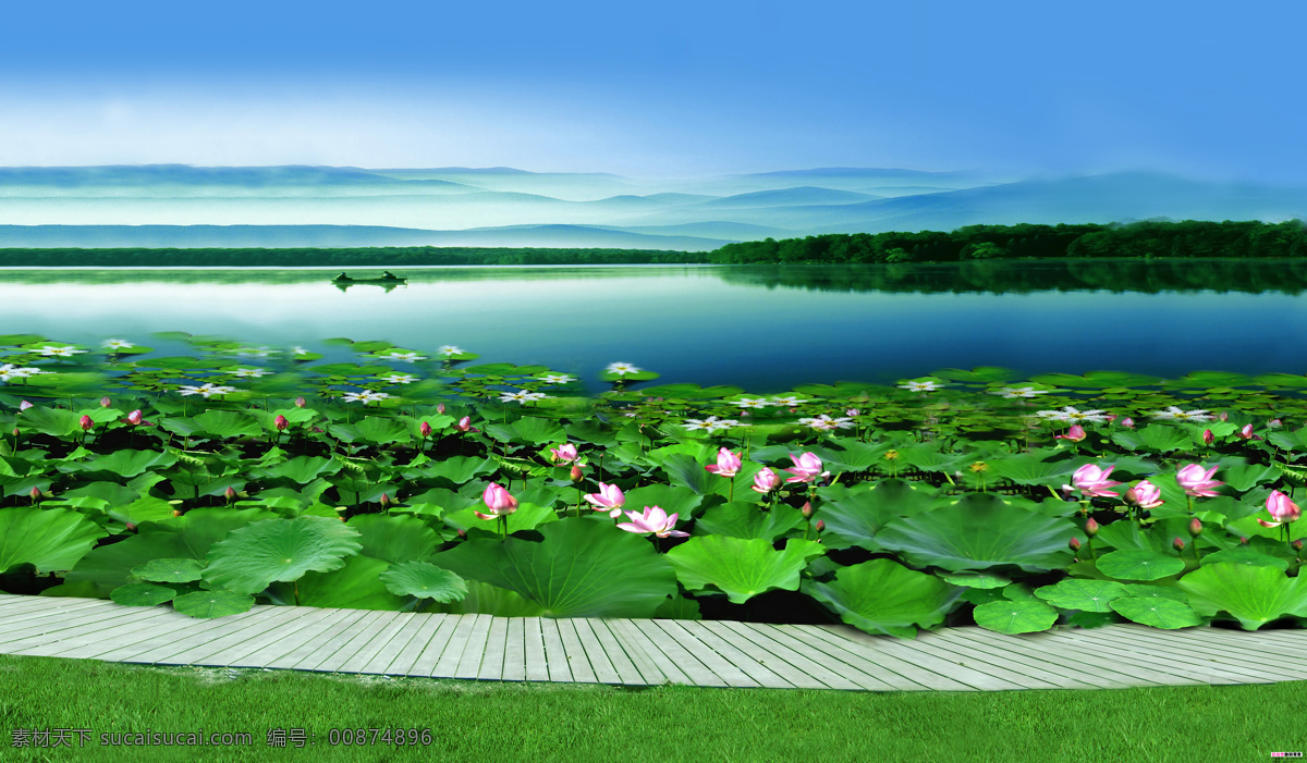 荷塘 湖 景 背景 图 背景墙 电视墙 荷花 湖景 木栈道 玄关背景墙 家居装饰素材