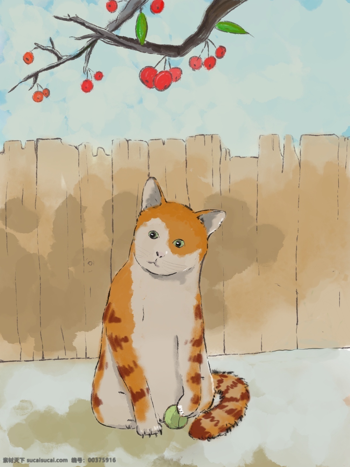趋势 水墨 彩绘 可爱 小猫 水墨彩绘 树下